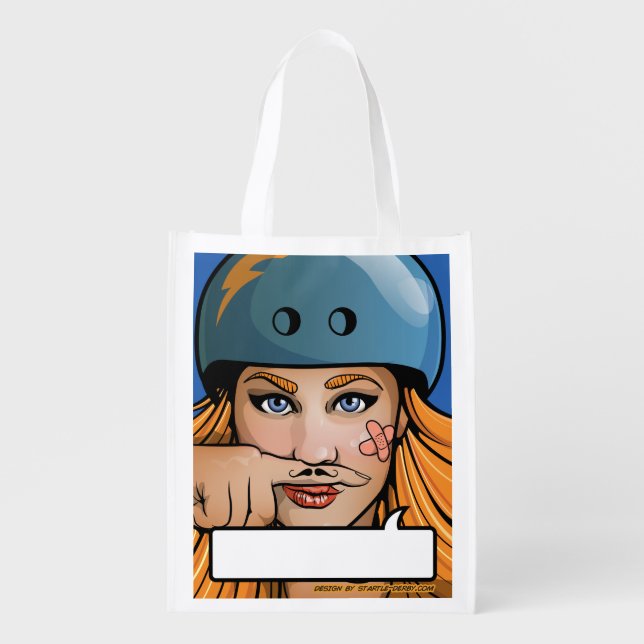 Mustache Roller Derby Girl Grocery Bag (Front)