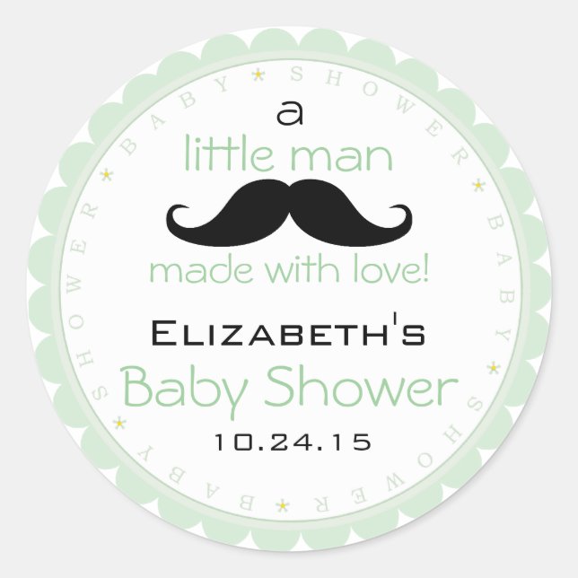 Mustache Sage Green Baby Shower Classic Round Sticker (Front)