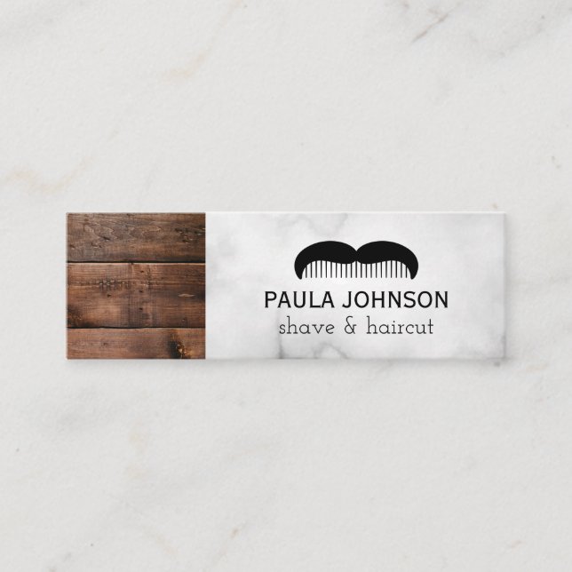 Mustache Shave and Haircut Barber | Wood Trim Mini Business Card (Front)