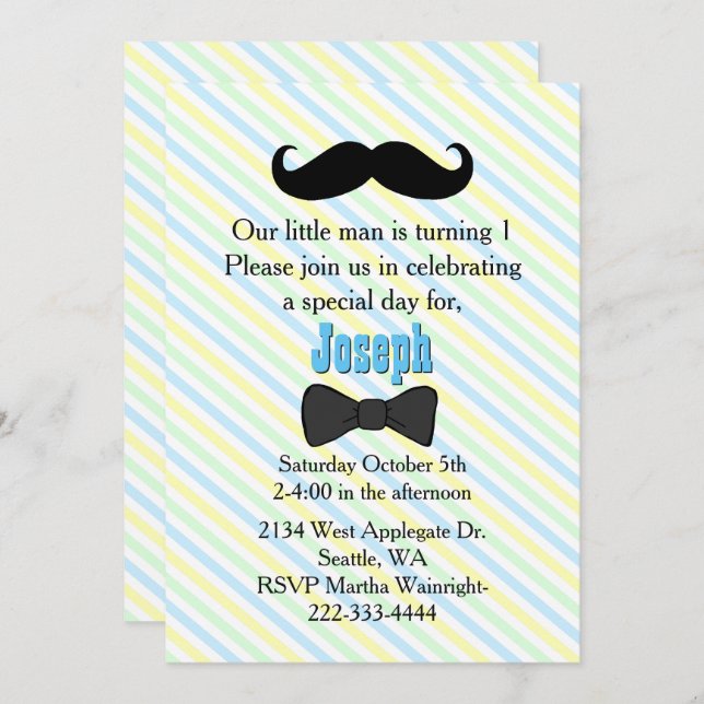 Mustache Striped First Birthday Invitation (Front/Back)