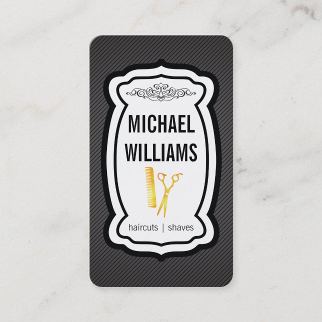 Mustache Stripes Golden Shears Comb Business Card (Front)