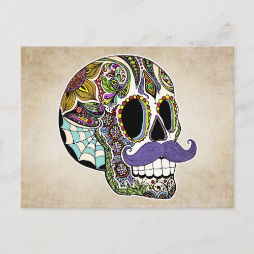 Mustache Sugar Skull Color Postcard