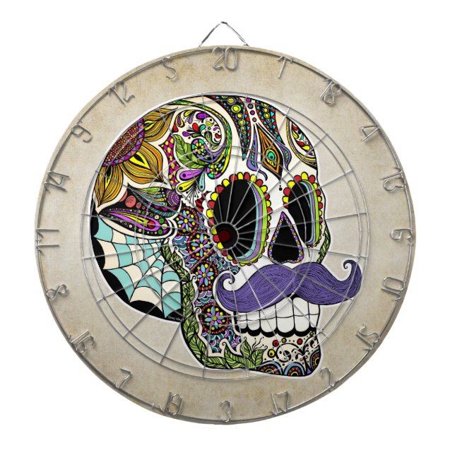 Mustache Sugar Skull Dartboard (Front)