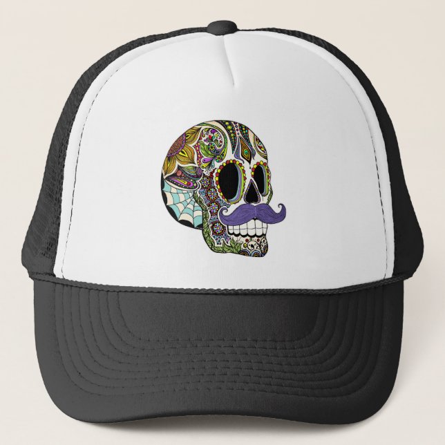 Mustache Sugar Skull Hat - Color Version (Front)
