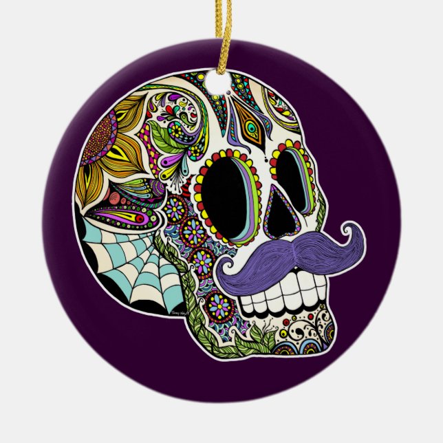Mustache Sugar Skull Ornament (Color) (Front)