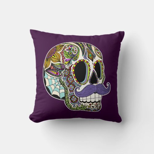 Mustache Sugar Skull Pillow _ Color Customizable