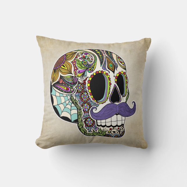 Mustache Sugar Skull Pillow - Vintage Style (Front)