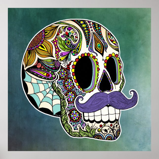 Mustache Sugar Skull Poster - Textured Background (Front)