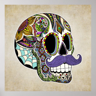 Mustache Sugar Skull Poster - Vintage Style