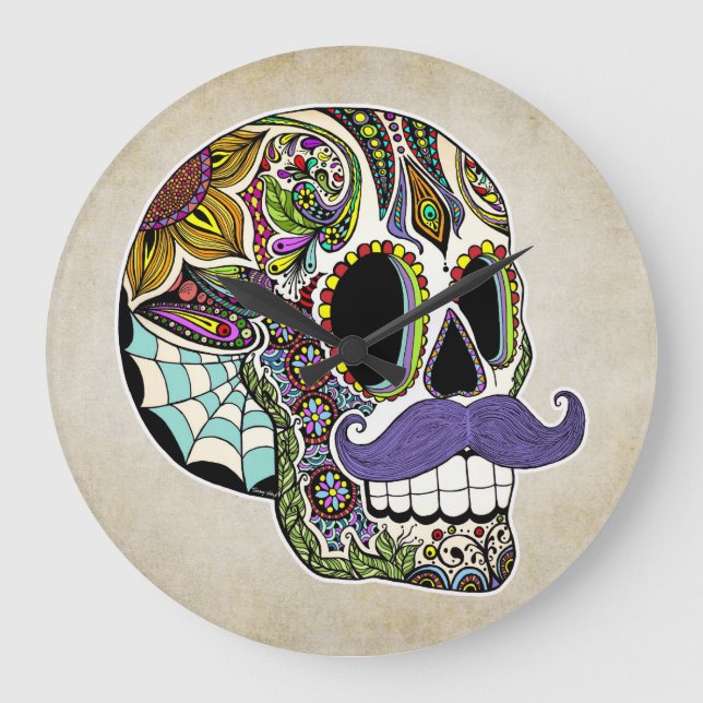 Mustache Sugar Skull Wall Clock (Front)