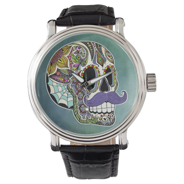 Mustache Sugar Skull Watch (Front)