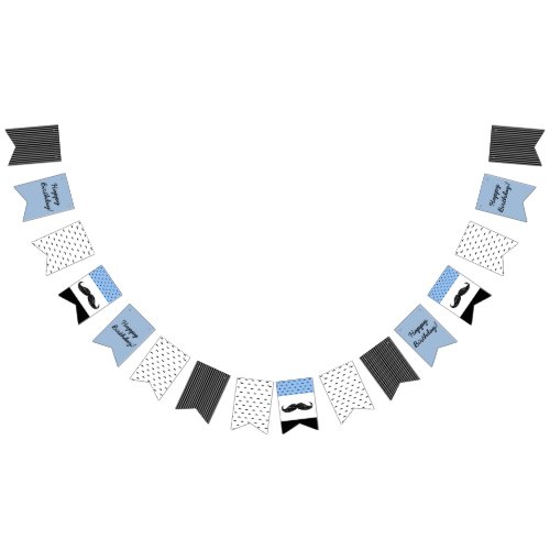 Mustache Themed Blue  Black Happy Birthday Banner