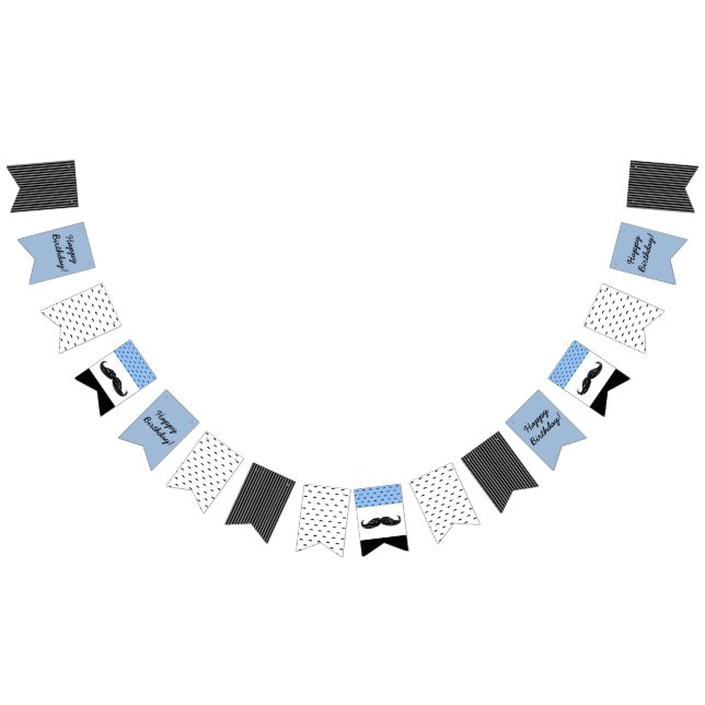 Mustache Themed Blue & Black Happy Birthday Banner (All)