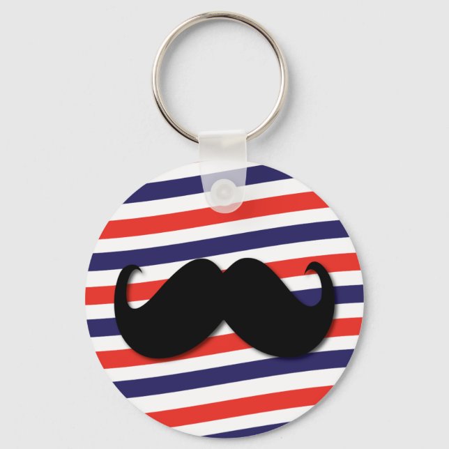 Mustache with red, white and blue stripes keychain (Front)