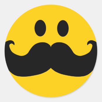 Mustache Yellow Happy Face Classic Round Sticker by HappyFacePlace at Zazzle