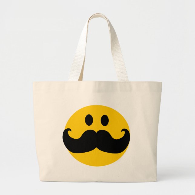 Mustache Yellow Happy Face Large Tote Bag (Front)