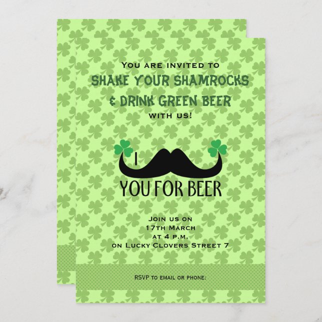Mustache you beer St Patrick Day Clovers Invite (Front/Back)