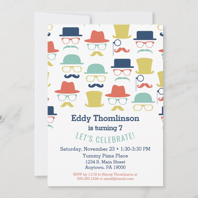 Mustaches Hats Birthday Invitation Hip Mens Boys (Front)