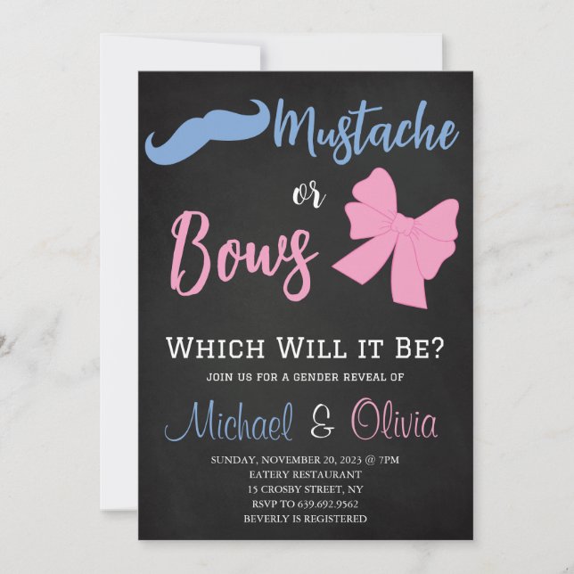 Mustaches or Bows Gender Reveal Party Invitation (Front)