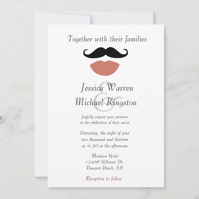 Mustaches Red Lips Wedding Invitation (Back)