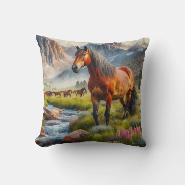 Mustang Horse and Herd  Throw Pillow (Front)