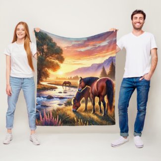 Mustang Horse Grazing by Stream at Sunset 