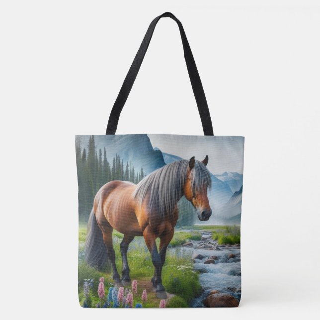 Mustang Horse Stream and Mountains Tote (Front)