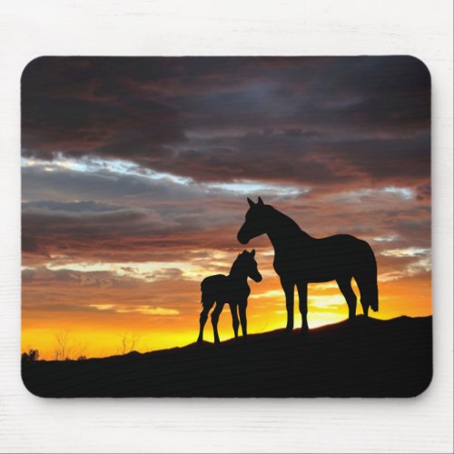 Mustang Mare and Foal Silhouette With Sunset Mouse Pad