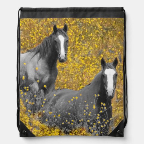 Mustard and Horses Drawstring Bag