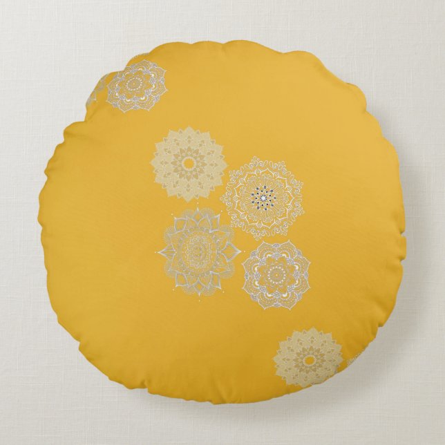 Mustard and Mandalas Round Pillow (Front)