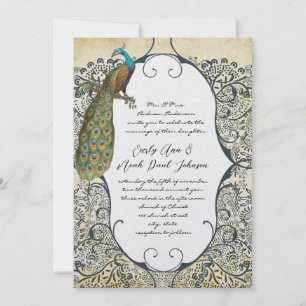 Mustard and Navy Peacock Love Bird Pattern Wedding Invitation