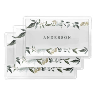 Mustard and olive watercolor foliage personalized acrylic tray