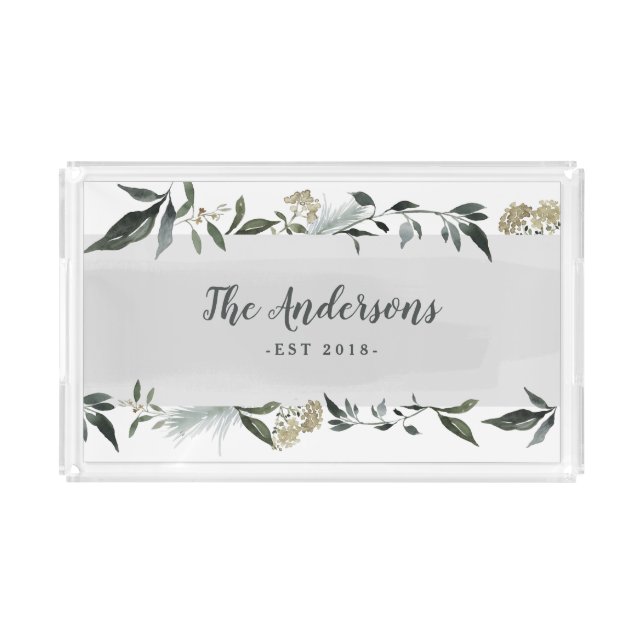 Mustard and olive watercolor foliage personalized acrylic tray (Front)
