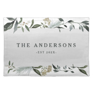 Mustard and olive watercolor foliage personalized cloth placemat