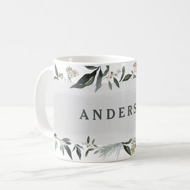 Mustard and olive watercolor foliage personalized coffee mug (Front Left)