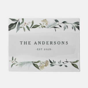 Mustard and olive watercolor foliage personalized doormat