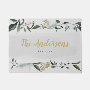 Mustard and olive watercolor foliage personalized doormat