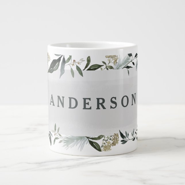 Mustard and olive watercolor foliage personalized giant coffee mug (Front)