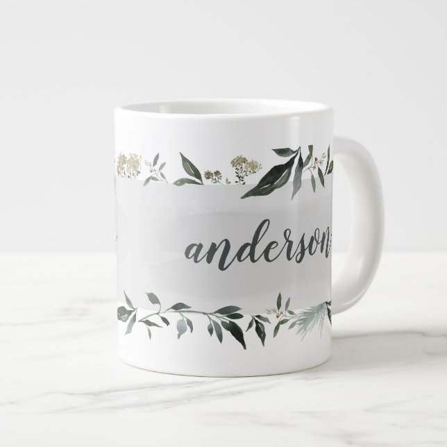 Mustard and olive watercolor foliage personalized  giant coffee mug (Front Right)