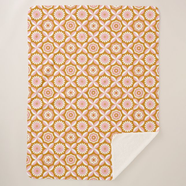 Mustard and pink retro flowers sherpa blanket (Front)