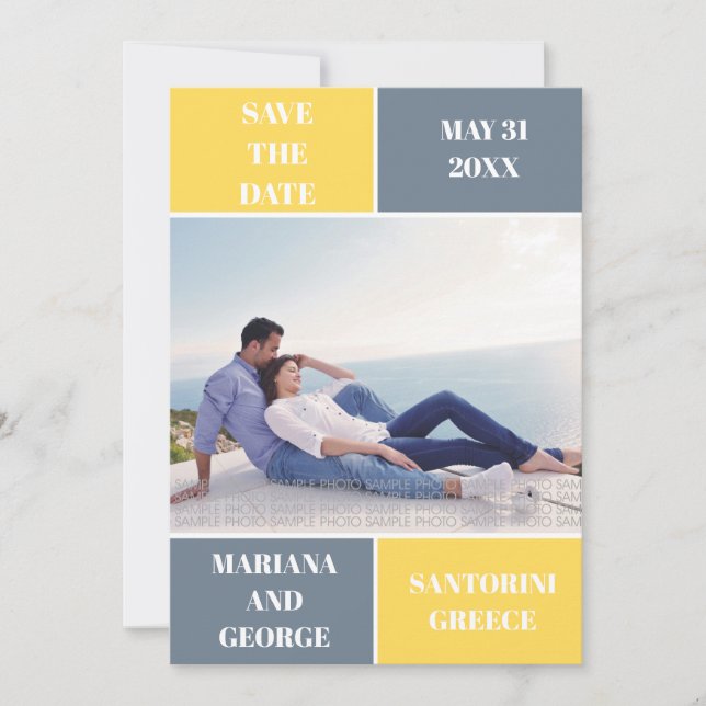 Mustard and slate gray color block Save the Date (Front)