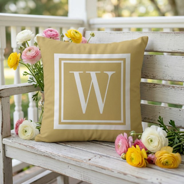 Mustard and White Classic Square Monogram Outdoor Pillow (Creator Uploaded)