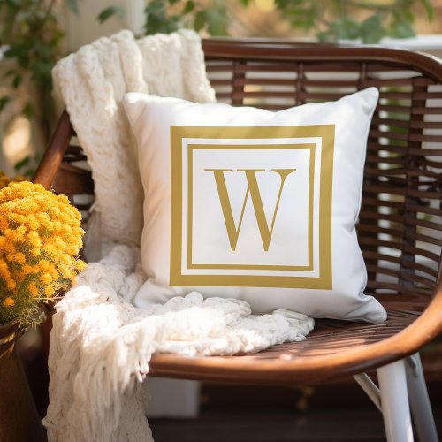 Mustard and White Classic Square Monogram Outdoor Pillow