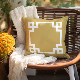 Mustard and White Greek Key   Editable Colors Outdoor Pillow