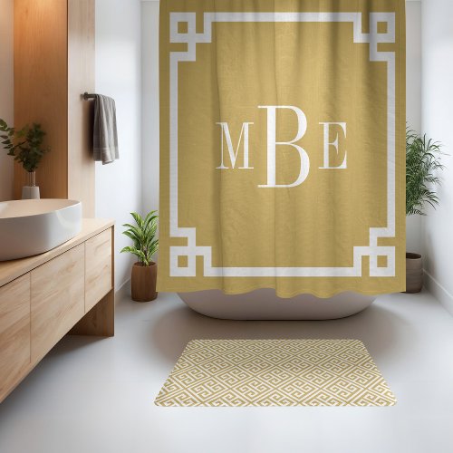 Mustard and White Greek Key  Monogrammed Shower Curtain