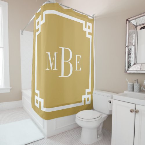 Mustard and White Greek Key  Monogrammed Shower Curtain