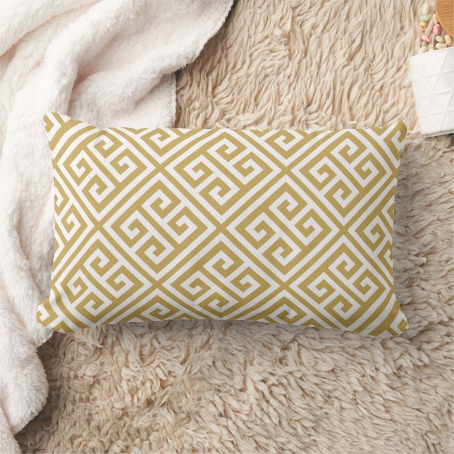 Mustard and White Greek Key Pattern Lumbar Pillow (Blanket)