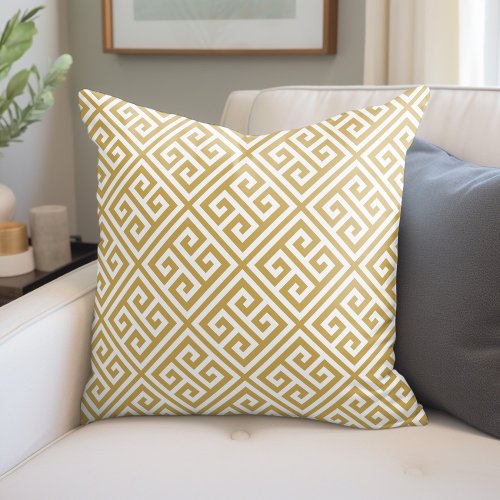 Mustard and White Greek Key Pattern Throw Pillow