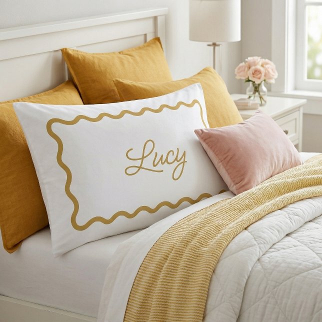 Mustard and White Wavy Scallop Frame Monogram Pillow Case (Creator Uploaded)