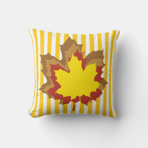 Mustard Autumnal Stripes with Leaves Throw Pillow